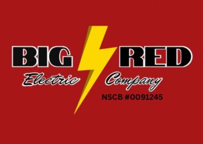 Logo for Big Red Electric Company on a red background. The words BIG and RED are separated by a yellow lightning bolt. Below, Electric Company and NSCB #0091245 are written in black script.