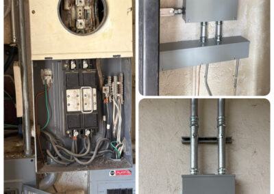 Collage of three photos showing electrical panels: the left image is an open, older panel with visible wiring; the top right shows two new gray metal boxes; the bottom right displays a single gray box with cables above.