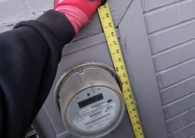 A person wearing a red glove holds a tape measure vertically next to an electric meter mounted on a brick wall, measuring the height from the ground to the meter.
